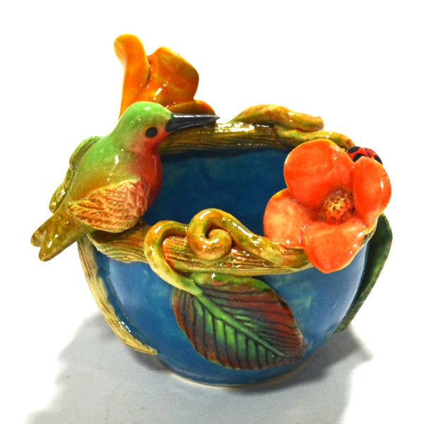Marcario Covarrubias -Small Blue Bowl with Green Hummingbird
