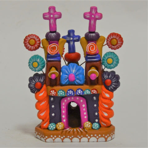 Javier Ramirez - Small Folk Art Ceramic Church with Purple Facade