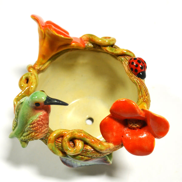Marcario Covarrubias -Small Cream Bowl with Green Hummingbird
