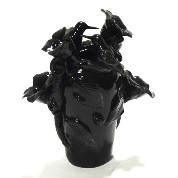 Marcario Covarrubias -Black Vase with Black Hummingbirds