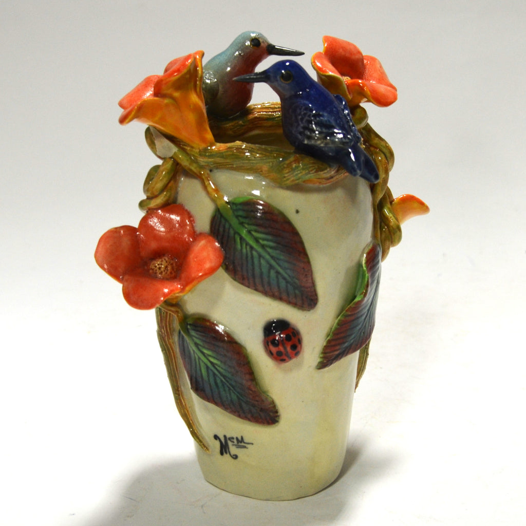 Marcario Covarrubias -Cream Vase with Navy and Blue Hummingbirds