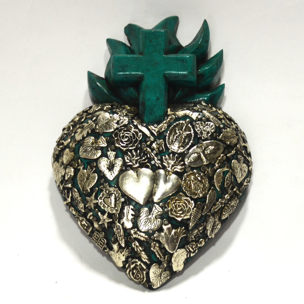 Joaquin Garnica - Hand Carved Sacred Heart with Green Cross