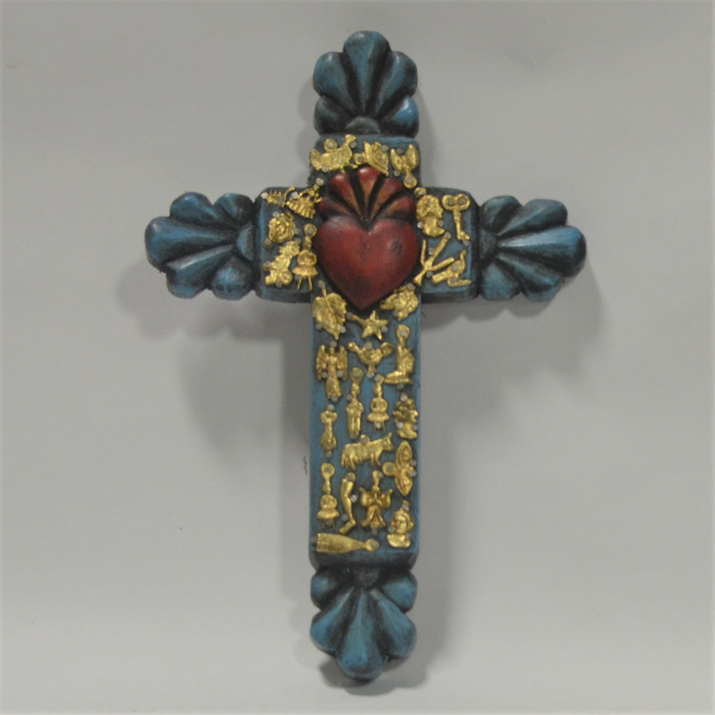 Joaquin Garnica - Santa Fe Cross in Blue with Gold Milagros