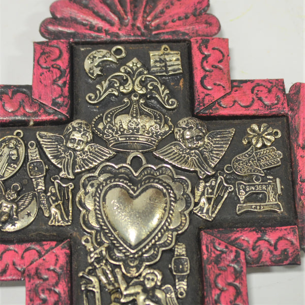 Joaquin Garnica - Cross with Tin and Milagros in Pink