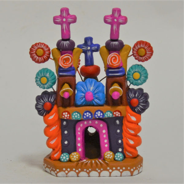 Javier Ramirez - Small Folk Art Ceramic Church with Purple Facade