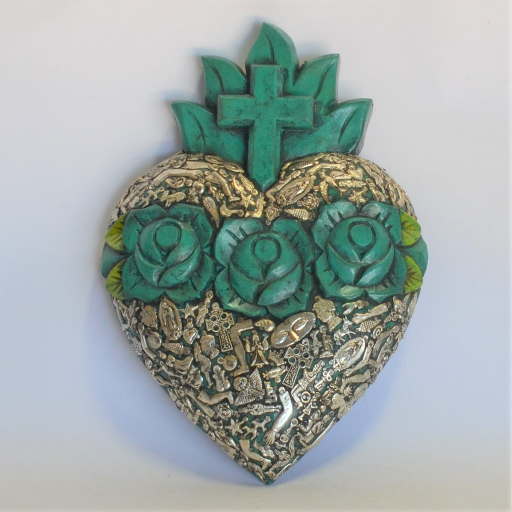 Joaquin Garnica - Large Carved Heart with Roses and Milagros