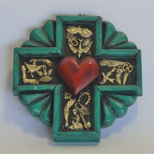 Joaquin Garnica - Hand Carved Cross with Heart and Milagros in Green