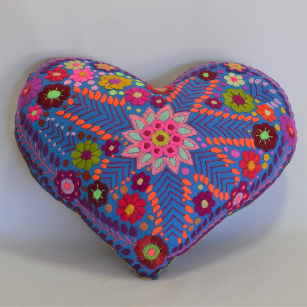 Textiles - Hand Embroidered Heart Pillow in Blue