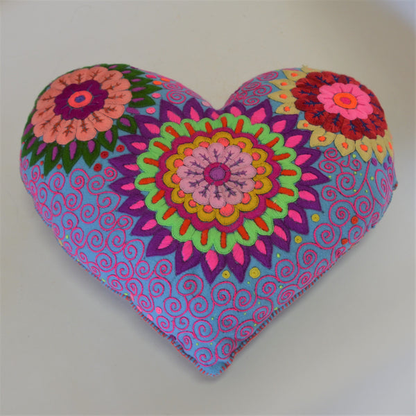 Textiles - Hand Embroidered Heart Pillow in Light Blue
