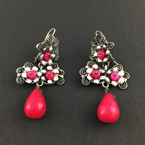 Jewelry - Mexican Silver Filigree Earrings with Rose Colored Stones