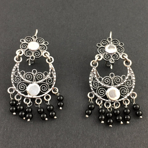 Jewelry - Mexican Silver Filigree Earrings with Onyx