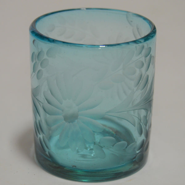 Hand Blown and Etched Turquoise Glass - Old-Fashioned Glass