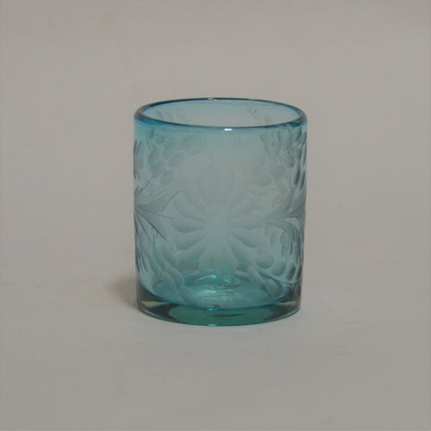 Hand Blown and Etched Turquoise Glass - Old-Fashioned Glass