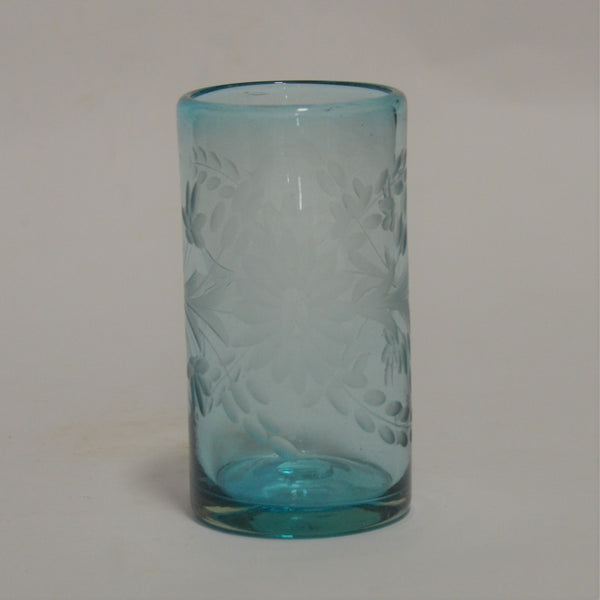 Hand Blown and Etched Turquoise Glass - Highball glass
