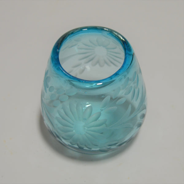 Hand Blown and Etched Turquoise Glass - Stemless Wine Glass