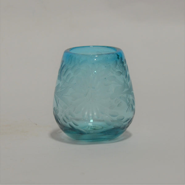 Hand Blown and Etched Turquoise Glass - Stemless Wine Glass